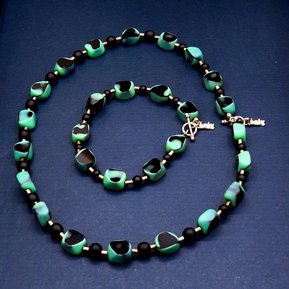 Vintage Aqua & Black Stone or Polimer Clay Silver Handmade Necklace Bracelet Set
